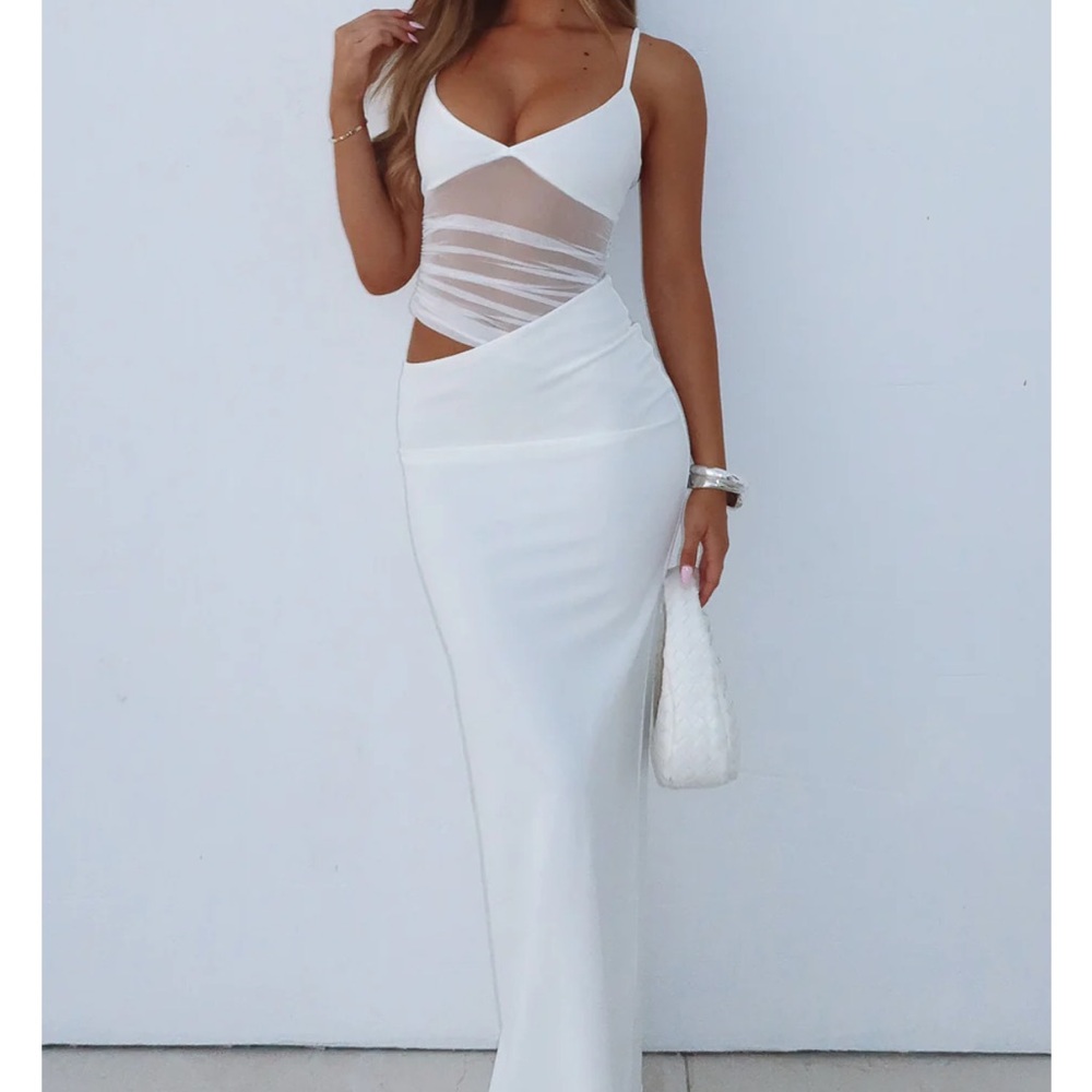 White Fox Boutique White Maxi Dress with Sheer Waist Panels